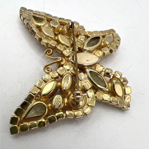 Weiss Signed Butterfly Brooch Aurora Borealis Citrine and Gold Colored Rhineston - Picture 9 of 11